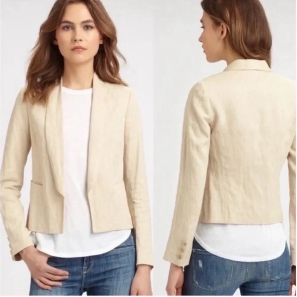 Vince Linen Cotton Women's Ivory Cream Blazer, Open Front Cropped Shawl lapel, 2